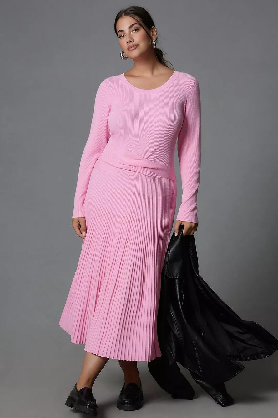 New By Anthropologie Long-Sleeve Ribbed Sweater Midi Dress $198 MEDIUM Pink